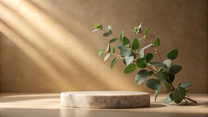 Aufkleber - Sunlight illuminates a round marble pedestal with a sprig of green leaves cascading beside it, creating a serene and minimalist scene.