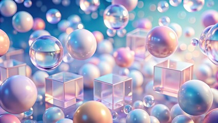 Leinwandbilder - A whimsical abstract backdrop of pastel-colored spheres and translucent cubes floating against a soft blue and pink gradient