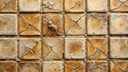 Poster - A Close-Up View of a Wall Constructed with Weathered Stone Tiles, Each Tile Exhibiting Distinctive Cracked Patterns and a Rich Color Palette Ranging from Pale Yellow to Deep Brown