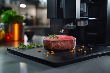 Aufkleber - Advanced technology is showcased as a 3D food printer creates a nutritious plant-based steak, demonstrating culinary innovation. Generative AI