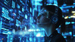 © Ade - Sleek digital headset-wearing woman, immersed in holographic data streams, representing innovation in AI communication