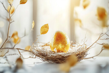 Wall Mural - Beautiful shiny luxury decoration golden egg in cukoo bird nest on white background. The luxury decoration by branch and leaf golden around