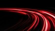 © Vikarest - Wide angle panoramic view of a red speed of light curved motion path concept rays on plain black background from