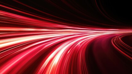 Wall Mural - Wide angle panoramic view of a red speed of light curved motion path concept rays on plain black background from