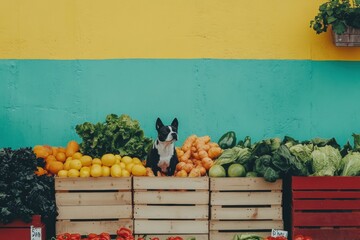 Poster - A lively farmers' market displays fresh local produce with a playful dog sitting proudly among colorful vegetables and smooth backdrops. Generative AI
