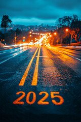 highway at night with glowing street markings and blurred lights, creating vibrant urban atmosphere. year 2025 is prominently displayed on road