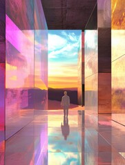 Fototapete - Visitors interact with stunning virtual art pieces in a gallery featuring bright colors and a mesmerizing sunset backdrop. Generative AI