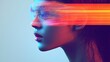 © Racelleo - Woman's profile with vibrant light streaks across her face, suggesting futuristic technology or virtual reality.