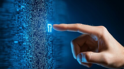 A hand reaching toward a digital interface filled with binary code.