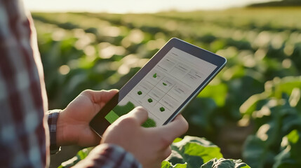 Wall Mural - Farmer using tablet in field, checking crop data.