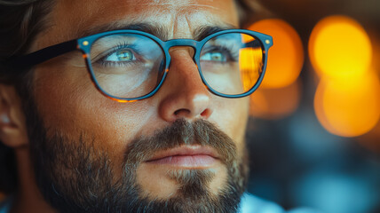 Wall Mural - A man with glasses looking at something. The man has a beard and is wearing glasses. The glasses are black and the man's eyes are green