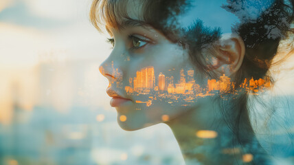 Canvas Print - A woman's face is reflected in a window, with the city in the background. The image has a dreamy, ethereal quality to it, as if the woman is looking into a mirror that has been shattered