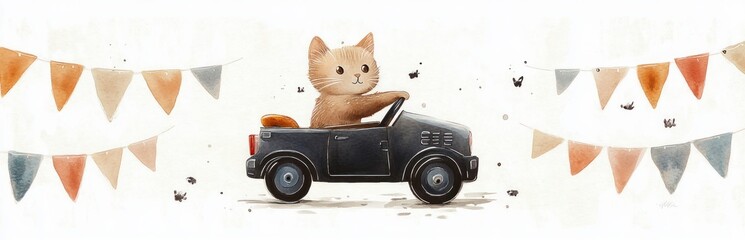 Cute Cat Driving Toy Car Watercolor Illustration for Baby Shower Invitations and Vintage Decor