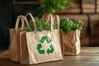 © Shahdan_K - Brown reusable eco-friendly shopping paper bags with green recycling symbol for environmental awareness issue on wooden table