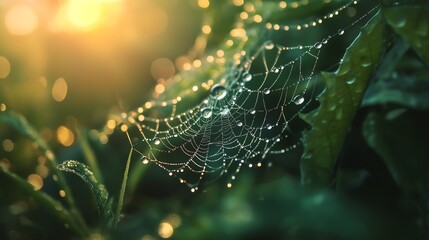 spider web on green leaf in meadow generative ai