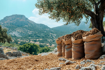 Wall Mural - Harvested olives in burlap sacks under olive tree.