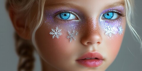 Young girl with striking blue eyes and winter-themed face makeup featuring snowflakes and shimmering colors during a creative makeup session at home