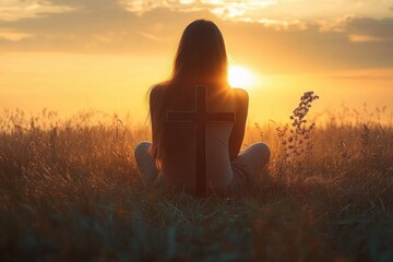 Wall Mural - Silhouette of a woman praying at a cross in a field during sunset