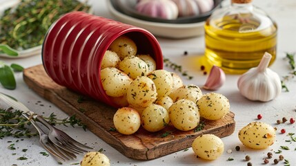 Wall Mural - Small potatoes spill from a red pot on a cutting board.