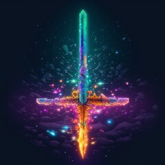Wall Mural - An 8-bit pixel art sword, infused with modern cartoon aesthetics, glowing with a magical aura
