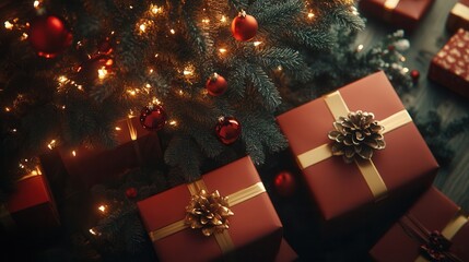 Wall Mural - Presents neatly arranged under a decorated Christmas tree with twinkling lights and festive ornaments in a cozy indoor setting during the holiday season