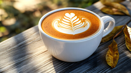 Latte art in a white cup on wooden surface with autumn leaves.