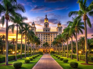 Captivating Low Light Photography of The Breakers Hotel in Palm Beach, Florida, Showcasing Elegant Architecture and Serene Night Atmosphere with Lush Surroundings