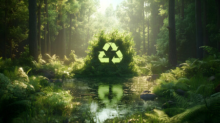 Canvas Print - Lush forest scene with a vibrant green recycle symbol formed by plants reflecting in calm water.