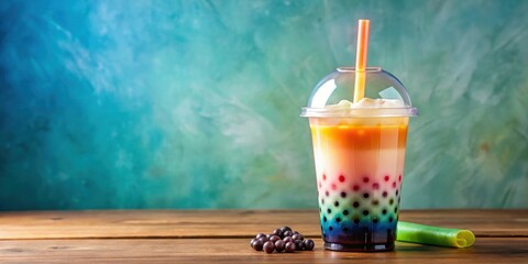 Wall Mural - Refreshing bubble tea with tapioca pearls in a clear cup with a colorful straw, bubble tea, tapioca pearls, drink, beverage