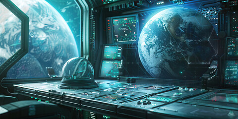 Spaceship Control Room with Earth Display