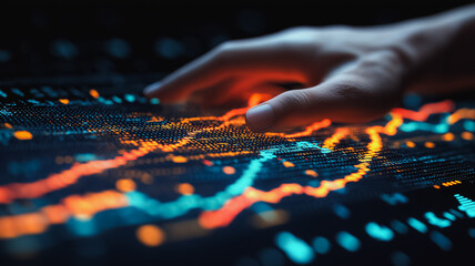 Wall Mural - a hand is touching a screen with a colorful pattern of lines and dots