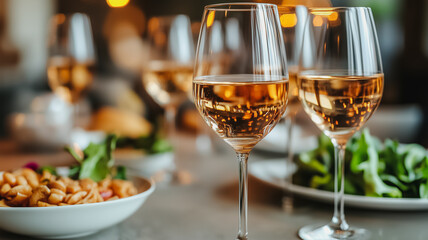 A table with a variety of food and drinks, including two wine glasses