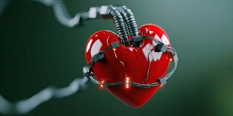 A robotic heart entwined with wires, symbolizing the fusion of technology and emotion in a vibrant, artistic representation.