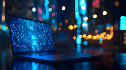 Wall Mural - futuristic laptop screen display glowing circuit board digital high-tech advanced technology innovat