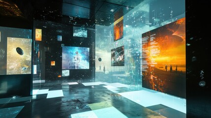 Aufkleber - Visitors interact with innovative virtual artworks and avatars in a captivating digital gallery that showcases creativity and technology. Generative AI