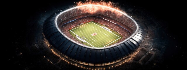 Fireworks light up the Super Bowl stadium amidst a vibrant crowd and illuminated field