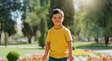 Canvas Print - Joyful young boy with down syndrome in sunny park setting