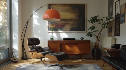Wall Mural - mid-century modern living room interior design with a walnut sideboard, an eames lounge chair, and a