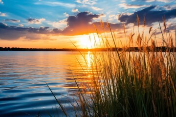 Wall Mural - Tranquil lake at sunset  a serene reflection of nature s beauty and calm atmosphere