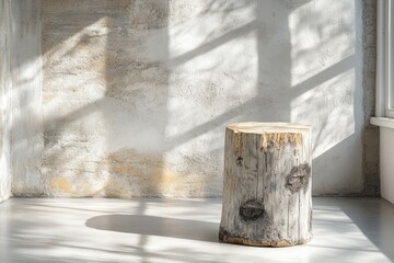 Aufkleber - Wooden stump with soft natural lighting and shadow patterns on light gray wall for mockup product display