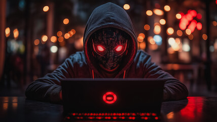 Wall Mural - a man is sitting at a table with a laptop in front of him. he is wearing a hoodie and a mask. the im