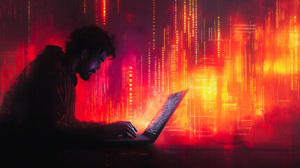 Wall Mural - a man is typing on a laptop in front of a red background