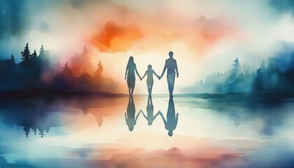 Wall Mural - Serene Watercolor Painting of Silhouetted Figures Holding Hands in a Dreamlike Atmosphere