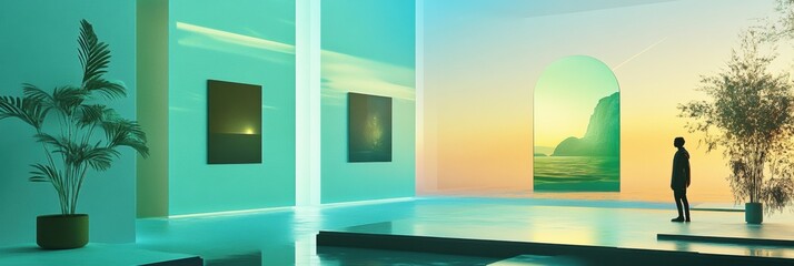 Aufkleber - Visitors engage with stunning virtual artworks in a bright digital gallery, surrounded by calming colors and dynamic visuals. Generative AI