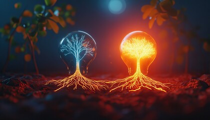 Two glowing light bulbs shaped like trees, one blue and one orange, surrounded by a dark background with plants, symbolizing contrasts in energy and nature.