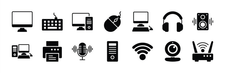 Computer or electronic devices icons vector. Containing monitor, keyboard, mouse, headphone, speaker, desktop, printer, microphone, network, camera, central processing unit, wifi, wireless, router