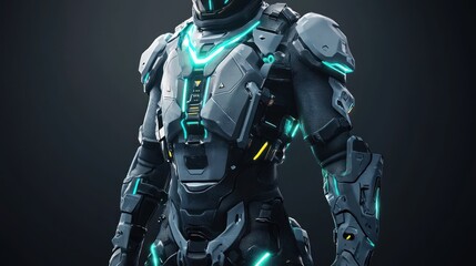 Futuristic armored suit with glowing teal accents.