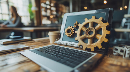Wall Mural - a laptop with a gear on it is on a wooden table
