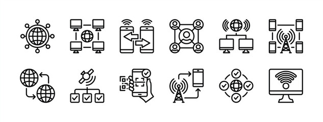 Connect, connection thin line icon set. Containing network, connectivity, share, computer device technology, interconnect, internet, sync, wireless, scan barcode, people, system. Vector illustration