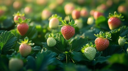 Wall Mural - Ripe red strawberries in a sunny field, illustrating fresh produce, farming, agriculture, natural beauty, summer, and fruit picking activities